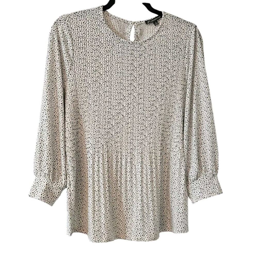 Adrianna Papell Womens M Print Knit Pleated Trapeze Top Blouse Black White